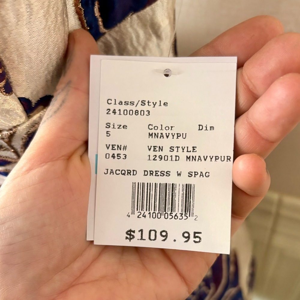 Morgan & Co. Cream, Indigo & Gold Floral Dress - Picture 5 of 9